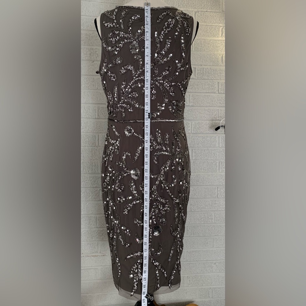 Adrianna Papell Women's Size 14 Taupe Dress Formal Hand Beaded Knee Length - Picture 4 of 16